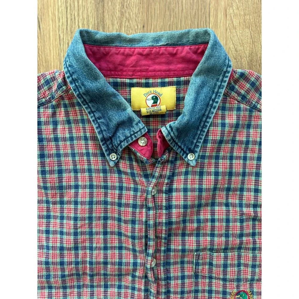 Y2K 90's Vintage Duck Head Denim Collar Madras Plaid Button Up Shirt Men's Large